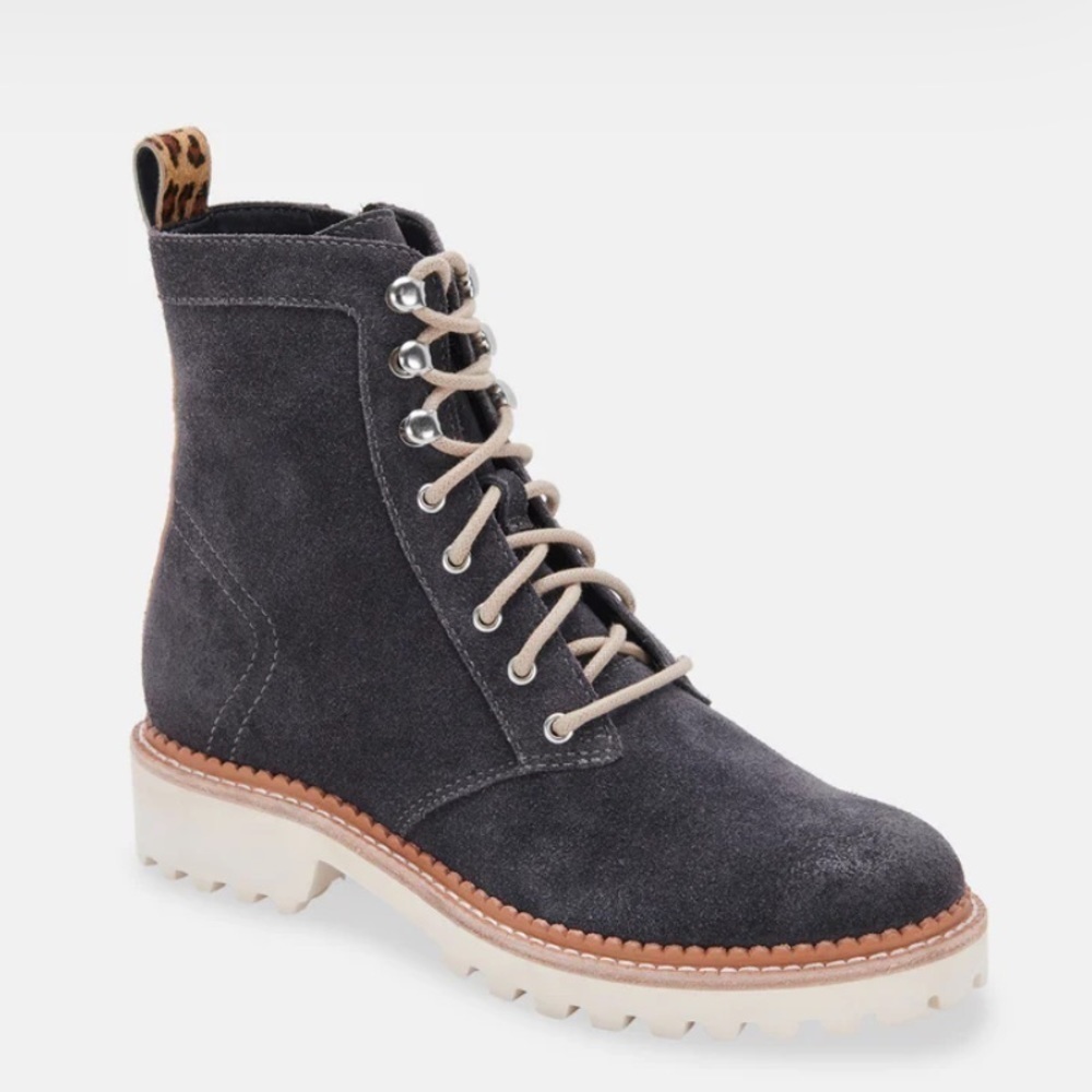 NEW Dolce Vita Avena Leopard Detail Combat Boots in Anthracite Suede size 6.5